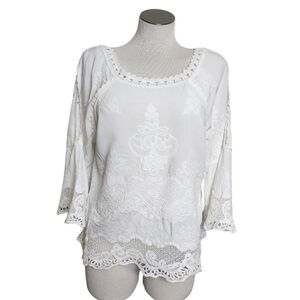 Democracy Embroidered Cold Shoulder Bell SleeveWhite Women's  Top Size S